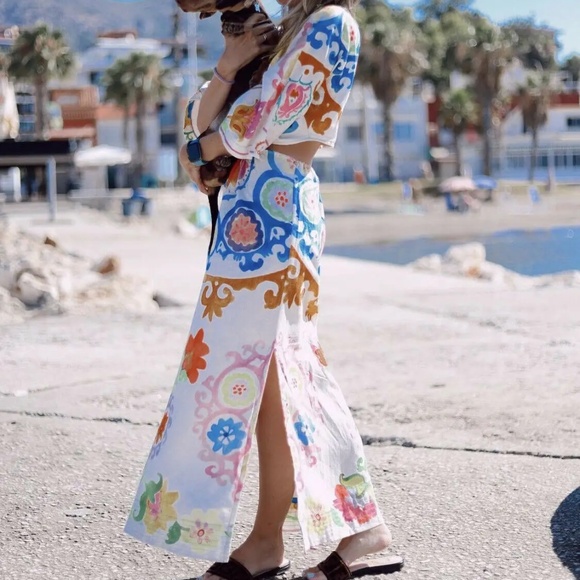 07 Boho Floral Tropical Print Cut out Short Sleeve Dress - Picture 6 of 7